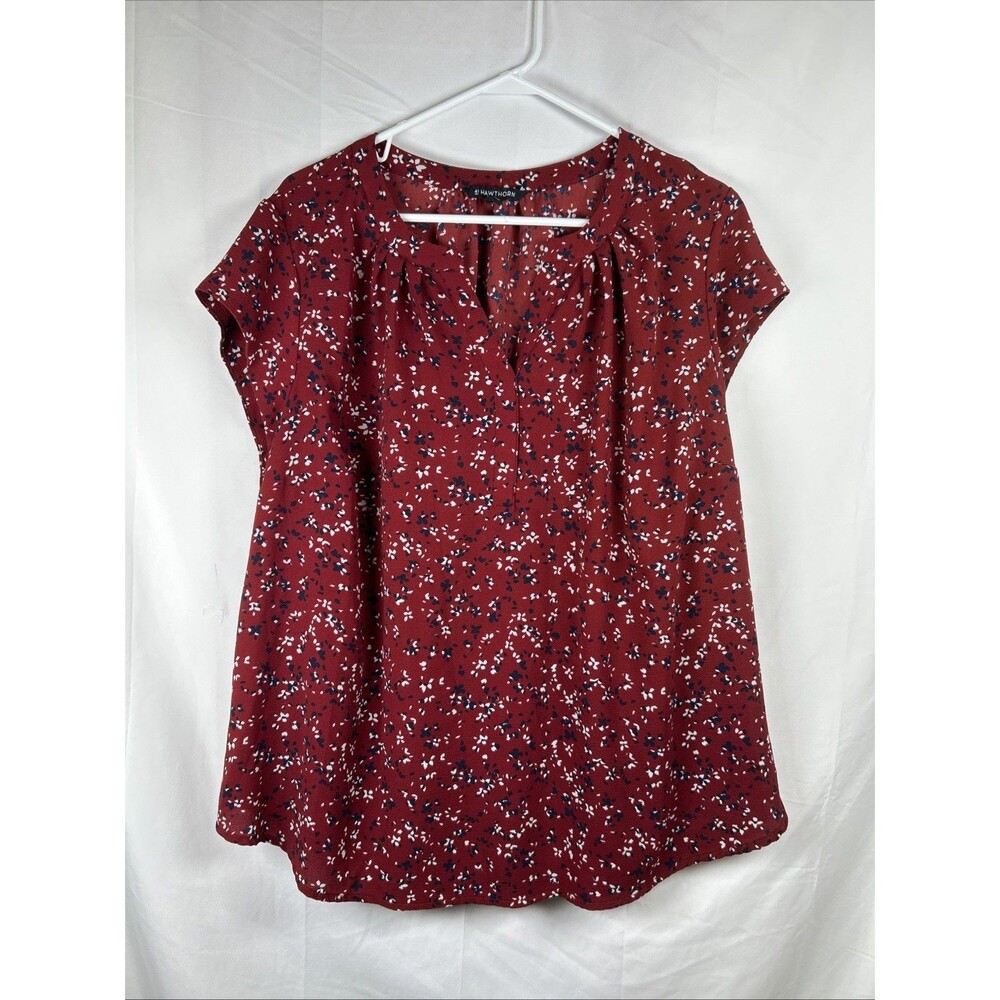 41 Hawthorn Dark Red Floral Cap Sleeved Blouse Plus Size 3X Maroon V-neck